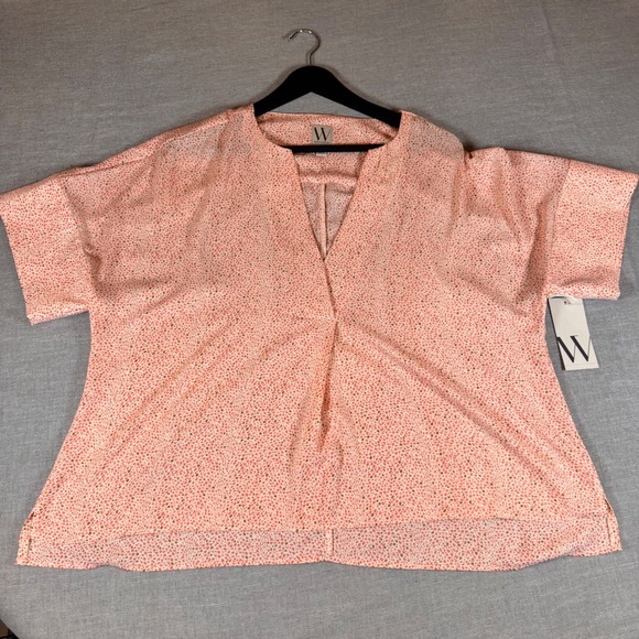 Worthington Womens Blouse Large Peach Pink Abstract Print Short Sleeve Top - Picture 1 of 7